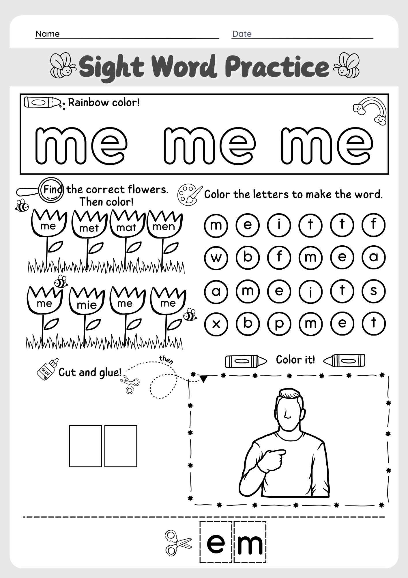 Dolch Sight Word "Me" Worksheet for Pre-Kindergarten PDF Download Pre-Kindergarten